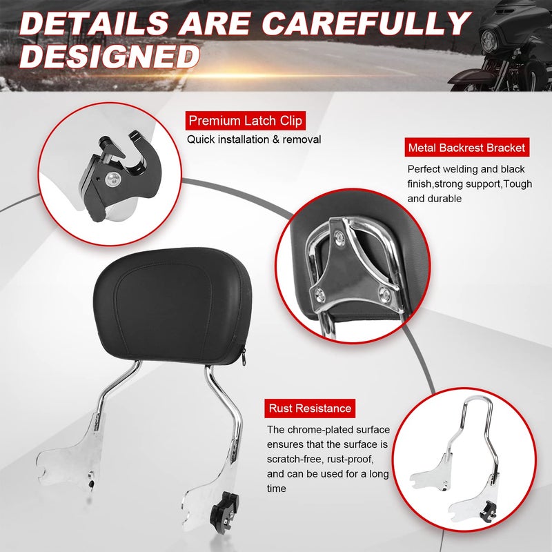 AUFER Detachable Backrest Sissy Bar Upright Passenger Backrest w/Back Rest Pad Compatible With For Touring Road King Electra Glide Street Glide Road Glide FLHR FLHX FLHT FLTR 1997-2008ï¼ˆChromeï¼‰ - Image 3
